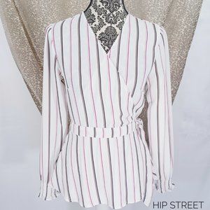 ANN TAYLOR LS Wrap Around Stripe Print Blouse Top XS